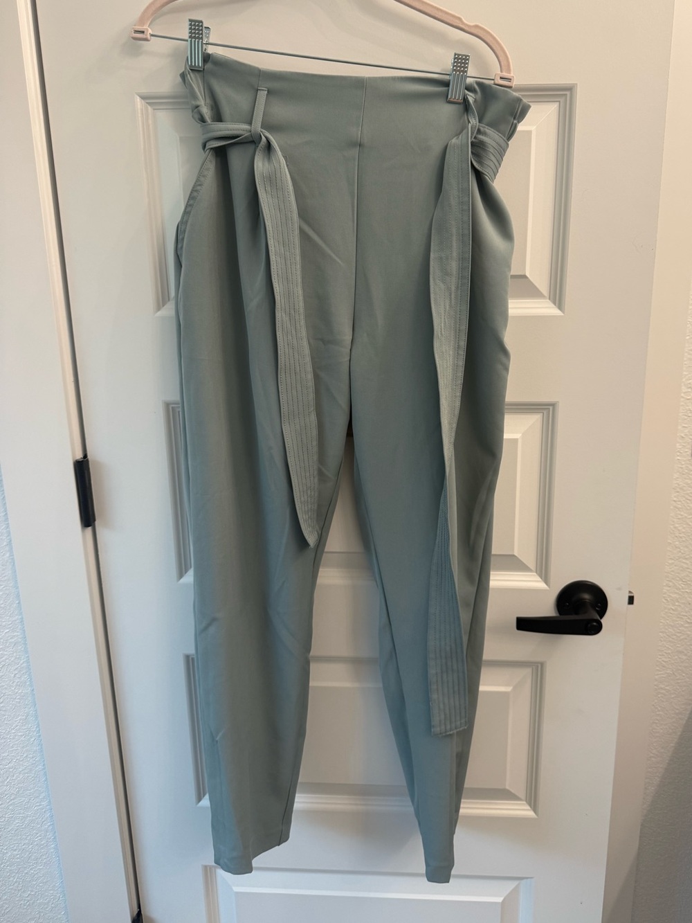 Zara Sage Green High-Rise Tie Belt Trousers